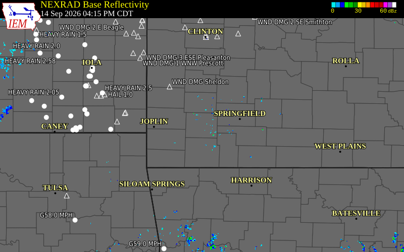 Current NEXRAD radar over Lawrence County, Missouri with recent storm report locations