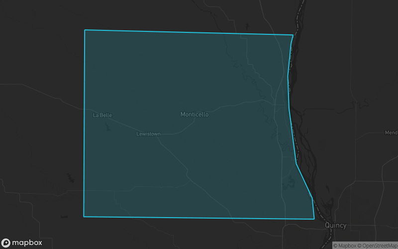 Map of Lewis County, Missouri showing the county boundary and surrounding cities