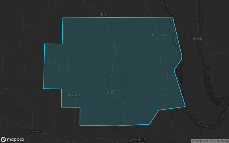 Map of Lincoln County, Missouri showing the county boundary and surrounding cities