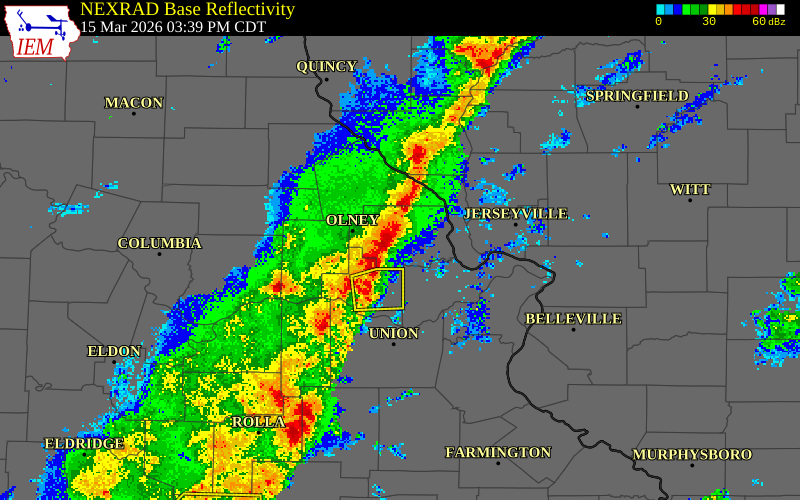 NEXRAD radar during the Sunday, March 15, 2026 storm activity in Lincoln County, Missouri