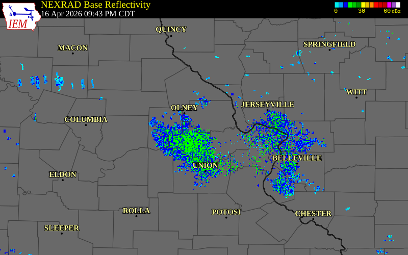NEXRAD radar during the Thursday, April 16, 2026 storm activity in Lincoln County, Missouri