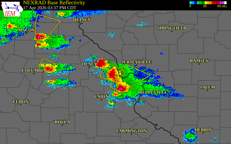 NEXRAD radar during the Friday, April 17, 2026 storm activity in Lincoln County, Missouri