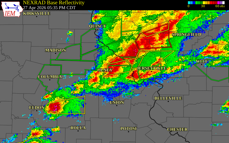 NEXRAD radar during the Monday, April 27, 2026 storm activity in Lincoln County, Missouri