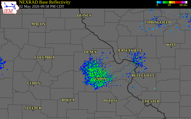 NEXRAD radar during the Saturday, May 2, 2026 storm activity in Lincoln County, Missouri