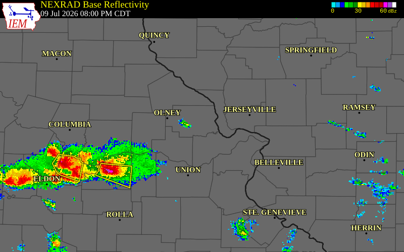NEXRAD radar during the Thursday, July 9, 2026 storm activity in Lincoln County, Missouri