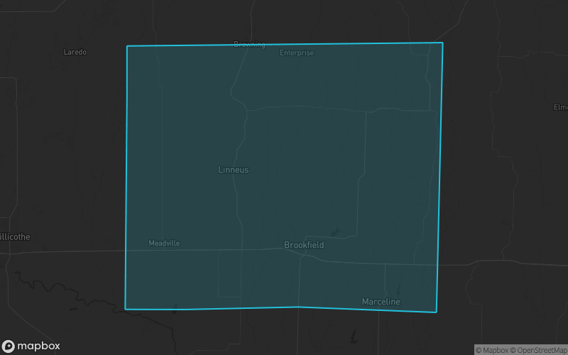 Map of Linn County, Missouri showing the county boundary and surrounding cities