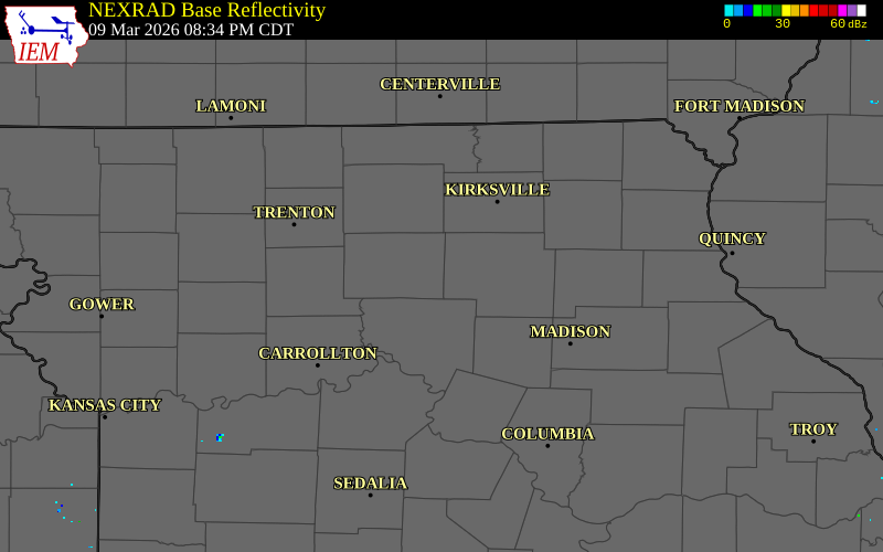 NEXRAD radar during the Monday, March 9, 2026 storm activity in Linn County, Missouri