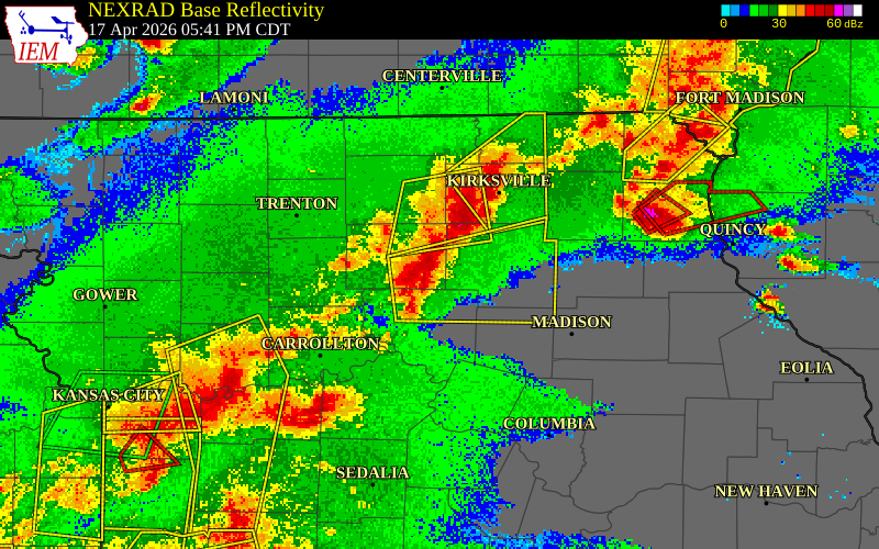 NEXRAD radar during the Friday, April 17, 2026 storm activity in Linn County, Missouri
