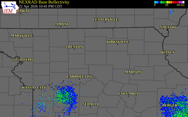 NEXRAD radar during the Wednesday, April 22, 2026 storm activity in Linn County, Missouri