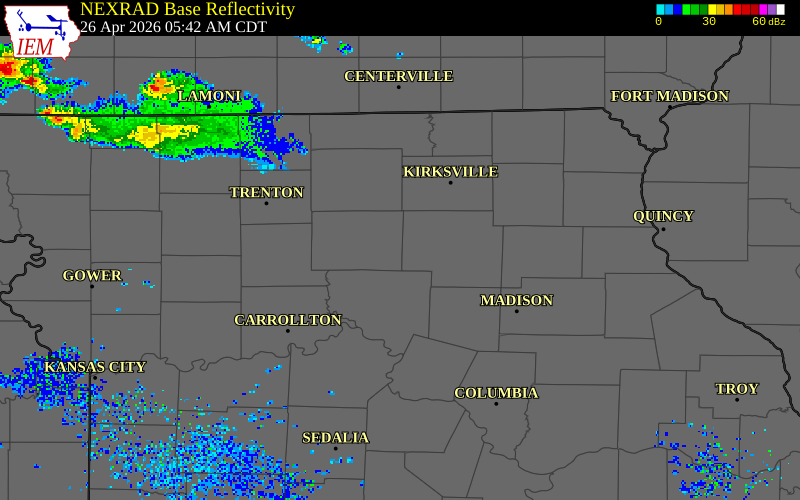 NEXRAD radar during the Sunday, April 26, 2026 storm activity in Linn County, Missouri