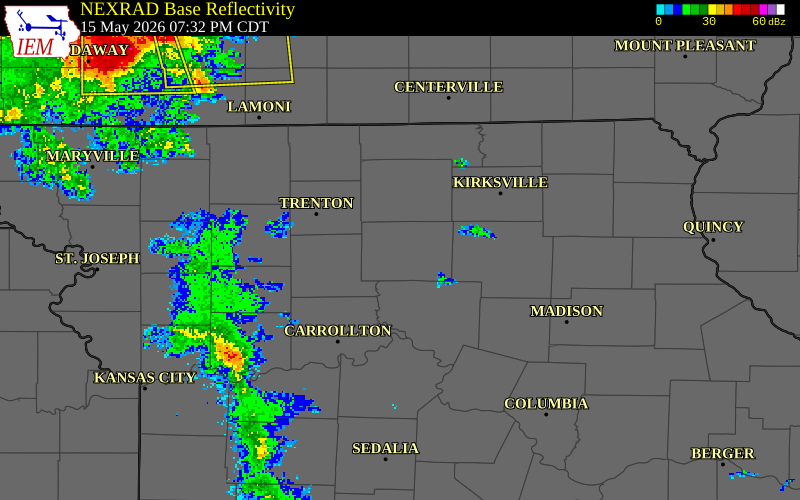 NEXRAD radar during the Friday, May 15, 2026 storm activity in Linn County, Missouri