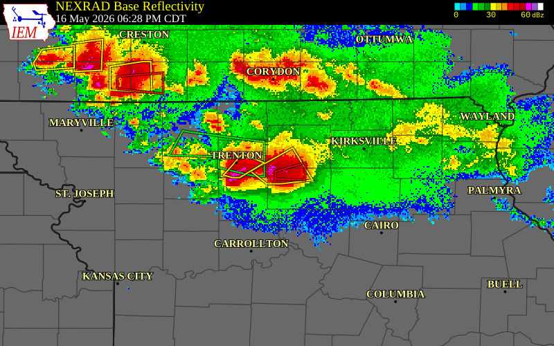 NEXRAD radar during the Saturday, May 16, 2026 storm activity in Linn County, Missouri