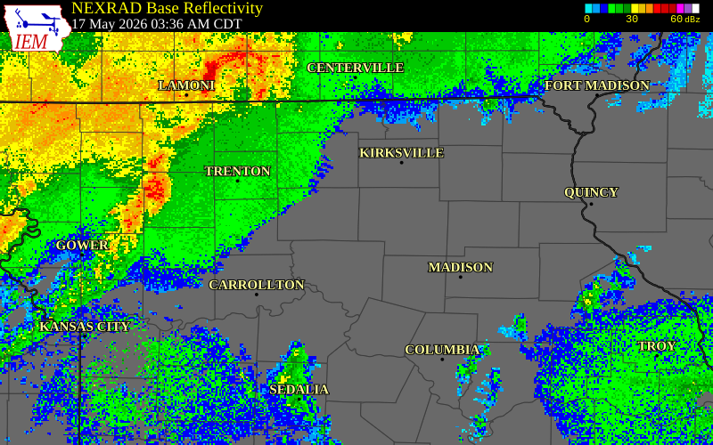 NEXRAD radar during the Sunday, May 17, 2026 storm activity in Linn County, Missouri