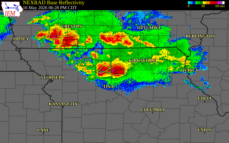 Radar snapshot during the May 16, 2026 tornado event near 7 WSW Browning, Linn County, Missouri, with NWS warning polygons