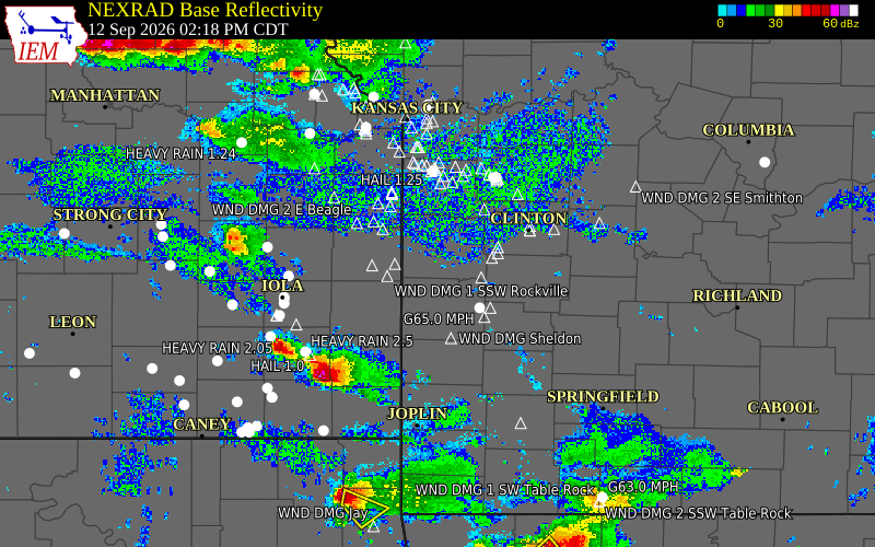 Current NEXRAD radar over Linn County, Missouri with recent storm report locations