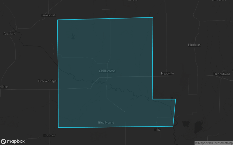Map of Livingston County, Missouri showing the county boundary and surrounding cities