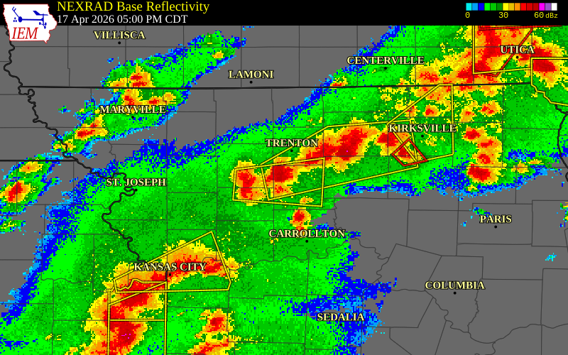 NEXRAD radar during the Friday, April 17, 2026 storm activity in Livingston County, Missouri