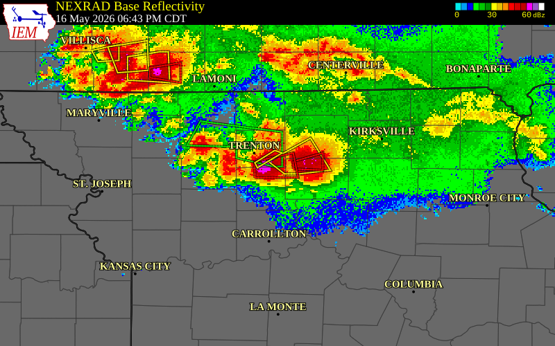 NEXRAD radar during the Saturday, May 16, 2026 storm activity in Livingston County, Missouri