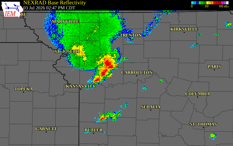 NEXRAD radar during the Friday, July 3, 2026 storm activity in Livingston County, Missouri