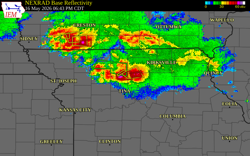 Radar snapshot during the May 16, 2026 tornado event near 2 E Chula, Livingston County, Missouri, with NWS warning polygons