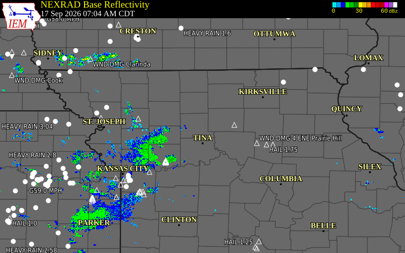 Current NEXRAD radar over Livingston County, Missouri with recent storm report locations
