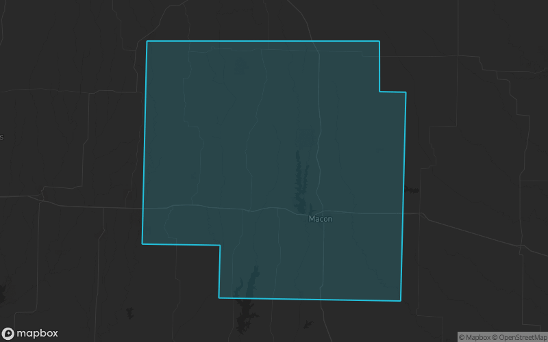 Map of Macon County, Missouri showing the county boundary and surrounding cities