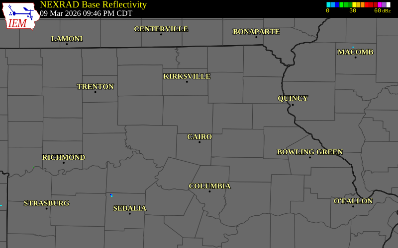 NEXRAD radar during the Monday, March 9, 2026 storm activity in Macon County, Missouri