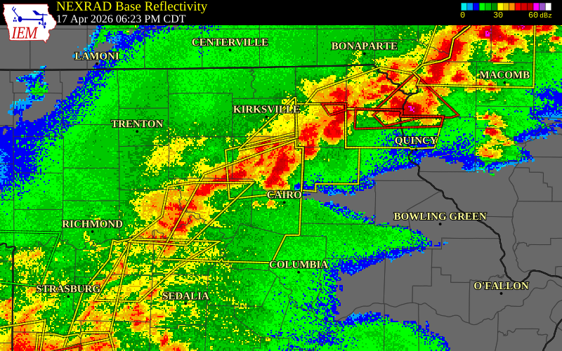 NEXRAD radar during the Friday, April 17, 2026 storm activity in Macon County, Missouri