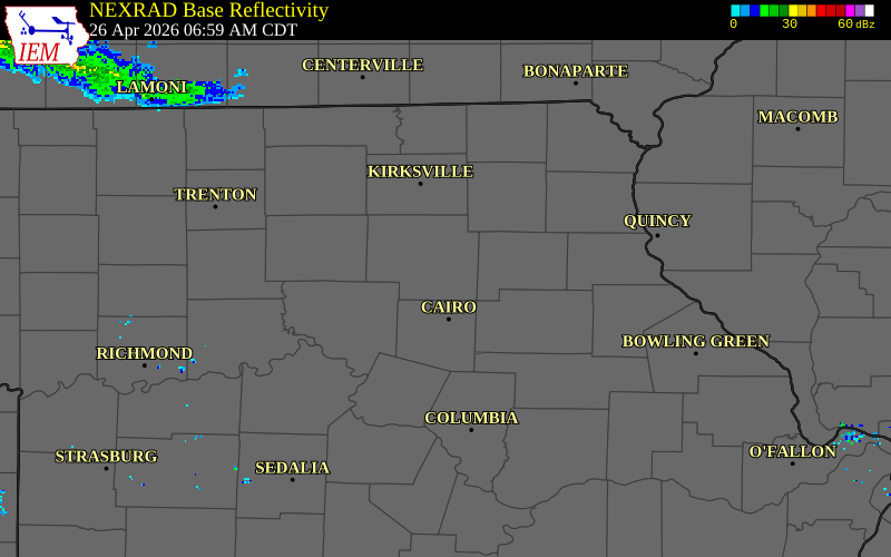 NEXRAD radar during the Sunday, April 26, 2026 storm activity in Macon County, Missouri