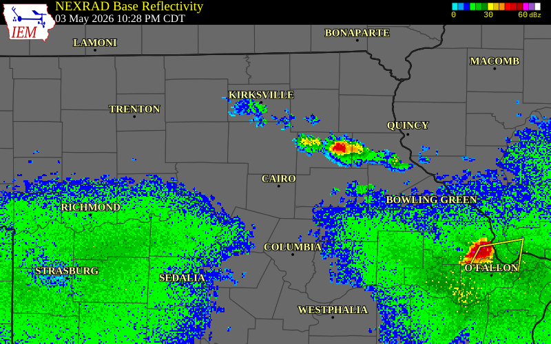 NEXRAD radar during the Sunday, May 3, 2026 storm activity in Macon County, Missouri