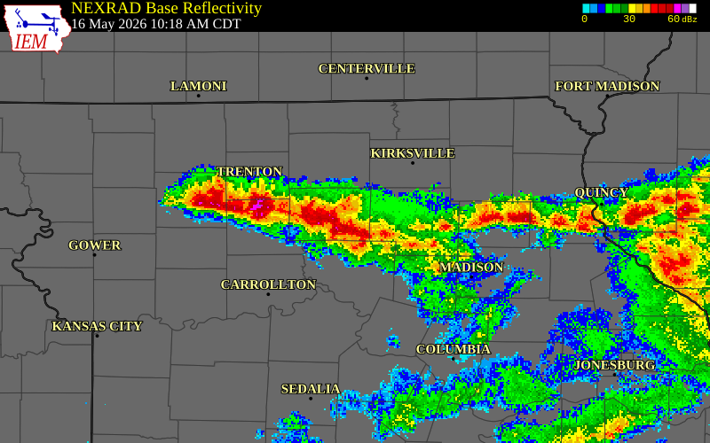 NEXRAD radar during the Saturday, May 16, 2026 storm activity in Macon County, Missouri
