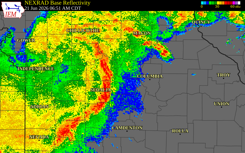 NEXRAD radar during the Sunday, June 21, 2026 storm activity in Macon County, Missouri