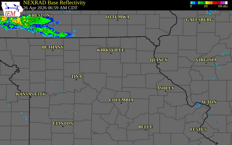 Radar snapshot during the Apr 26, 2026 hail event near 2 SE Macon, Macon County, Missouri, with NWS warning polygons