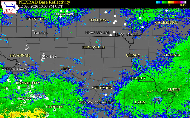 Current NEXRAD radar over Macon County, Missouri with recent storm report locations
