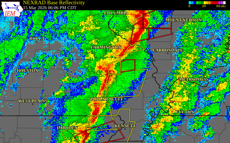 NEXRAD radar during the Sunday, March 15, 2026 storm activity in Madison County, Missouri