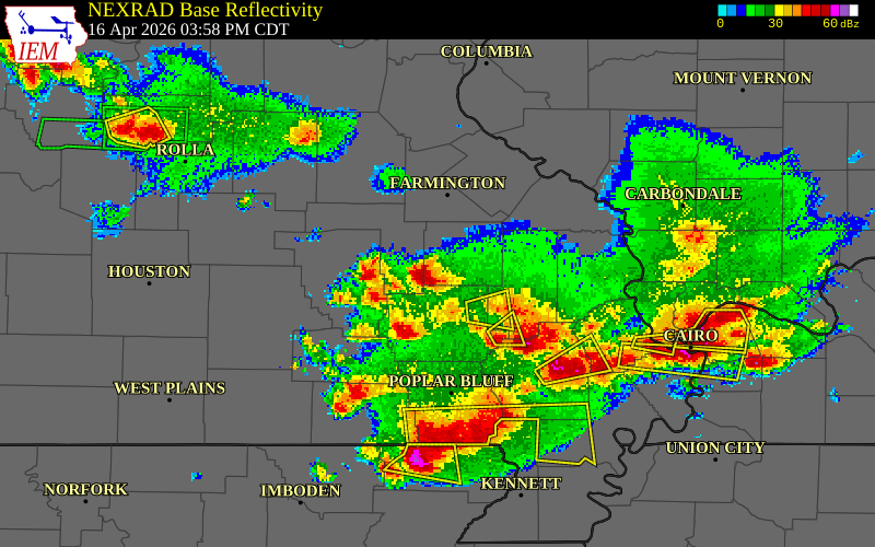NEXRAD radar during the Thursday, April 16, 2026 storm activity in Madison County, Missouri