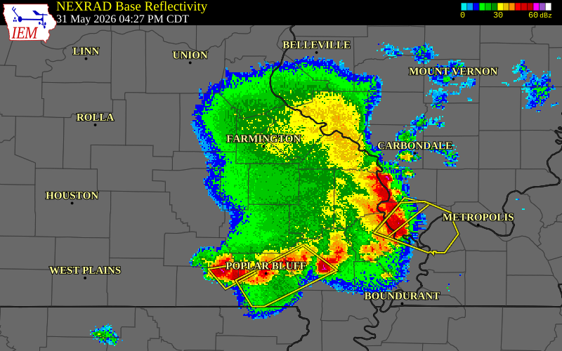 NEXRAD radar during the Sunday, May 31, 2026 storm activity in Madison County, Missouri