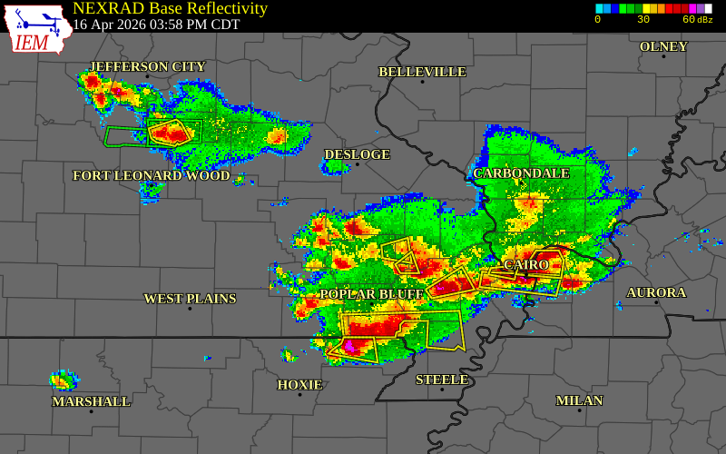 Radar snapshot during the Apr 16, 2026 hail event near 2 NW Saco, Madison County, Missouri, with NWS warning polygons