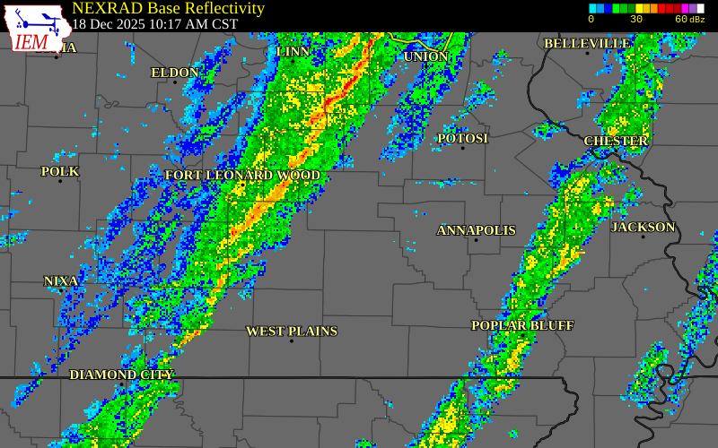 NEXRAD radar during the Thursday, December 18, 2025 storm activity in Maries County, Missouri