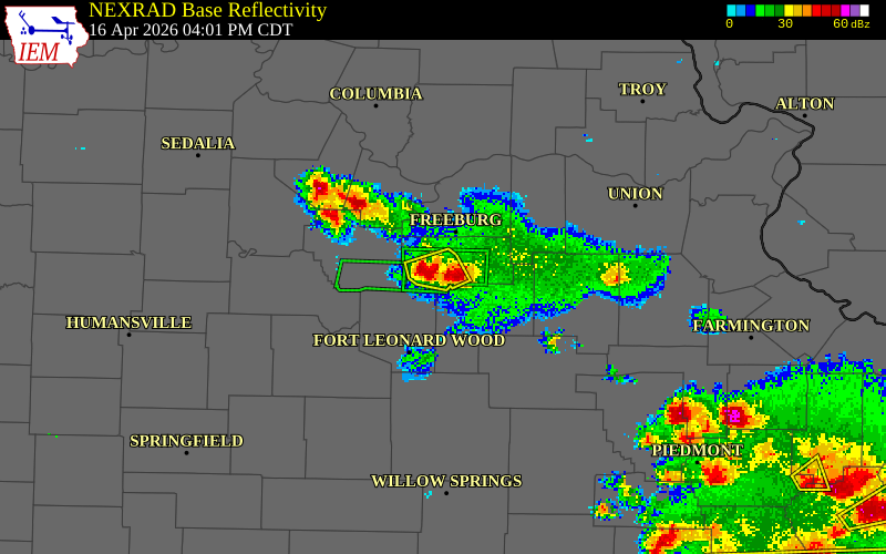 NEXRAD radar during the Thursday, April 16, 2026 storm activity in Maries County, Missouri