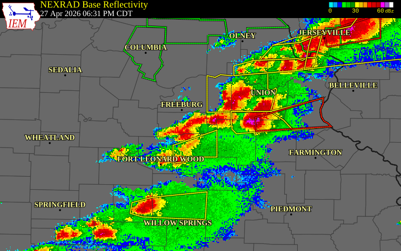 NEXRAD radar during the Monday, April 27, 2026 storm activity in Maries County, Missouri