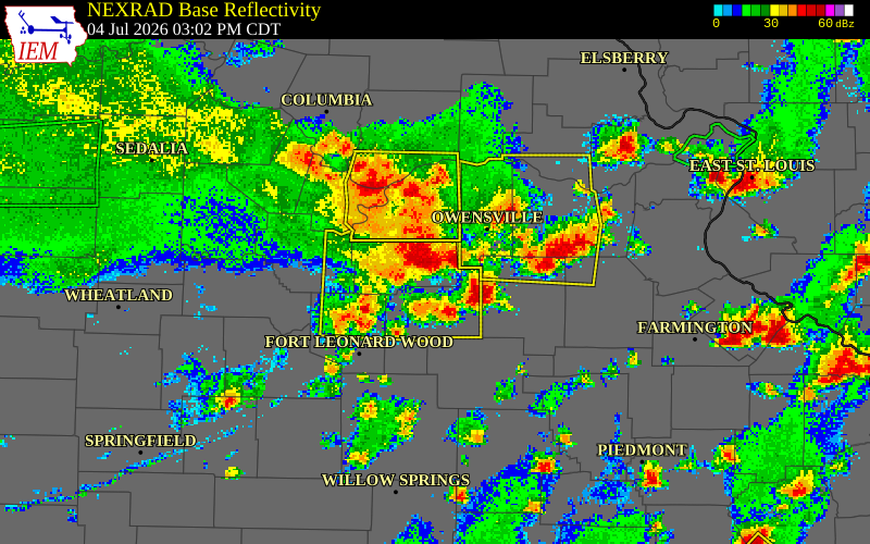 NEXRAD radar during the Saturday, July 4, 2026 storm activity in Maries County, Missouri