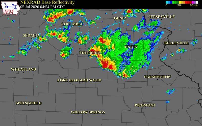 NEXRAD radar during the Sunday, July 5, 2026 storm activity in Maries County, Missouri