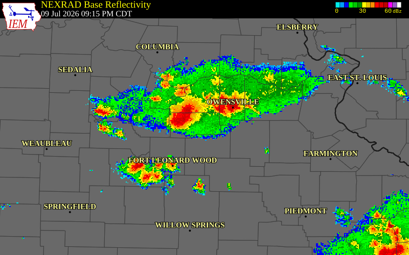NEXRAD radar during the Thursday, July 9, 2026 storm activity in Maries County, Missouri