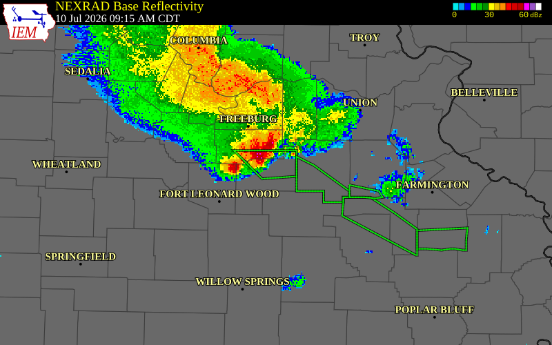 NEXRAD radar during the Friday, July 10, 2026 storm activity in Maries County, Missouri