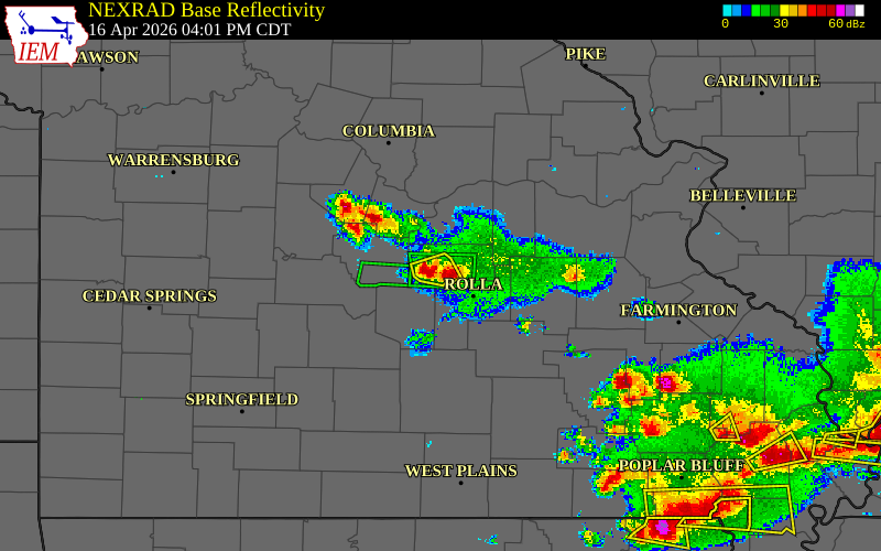 Radar snapshot during the Apr 16, 2026 hail event near 5 ESE Brinktown, Maries County, Missouri, with NWS warning polygons