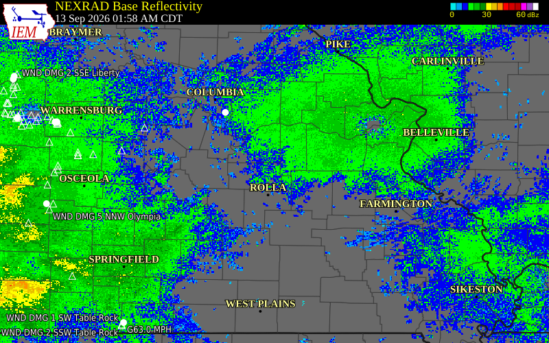 Current NEXRAD radar over Maries County, Missouri with recent storm report locations