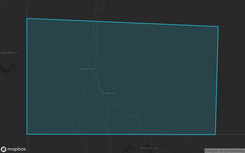 Map of McDonald County, Missouri showing the county boundary and surrounding cities