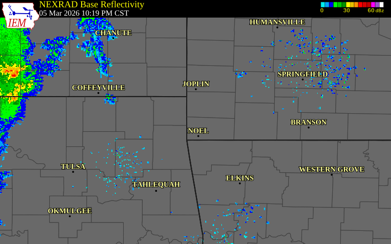 NEXRAD radar during the Thursday, March 5, 2026 storm activity in McDonald County, Missouri