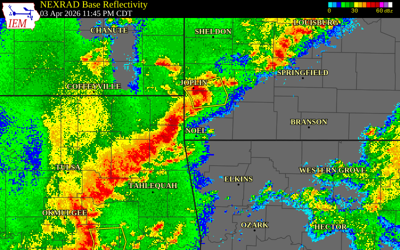 NEXRAD radar during the Friday, April 3, 2026 storm activity in McDonald County, Missouri